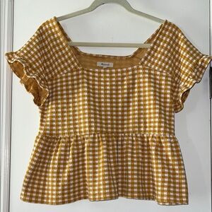 Madewell Mustard and White Gingham Peplum Short Sleeve Top
